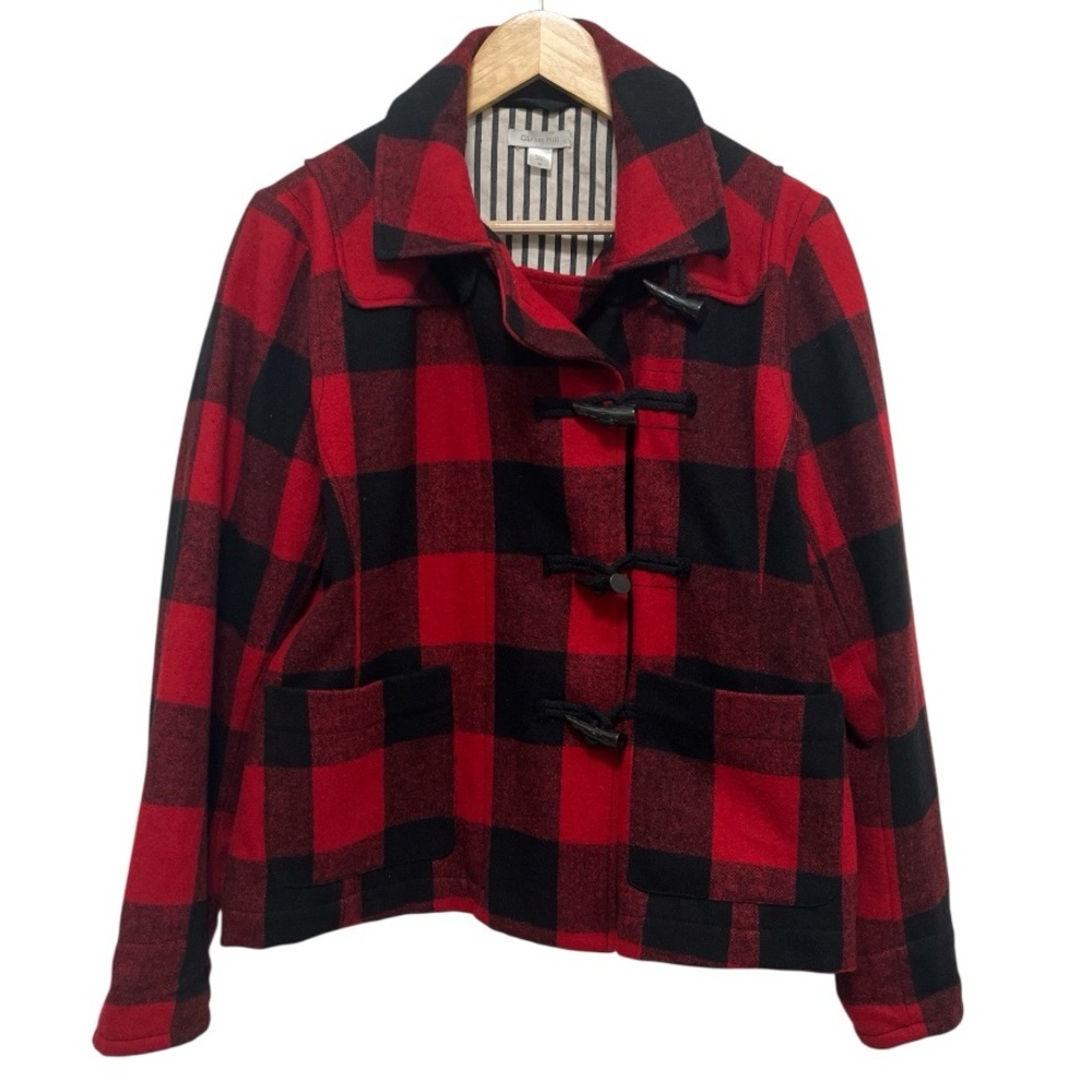 GARNET HILL wool blend jacket buffalo check plaid Red & Black Toggle buttons